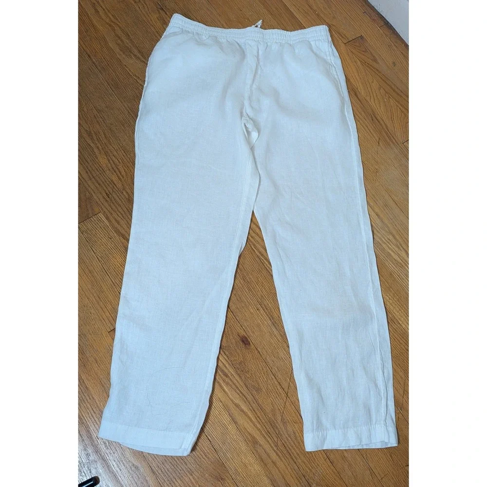 H&M White 100% Linen Regular Fit Elastic Waist Drawstring Pants Womens Medium
